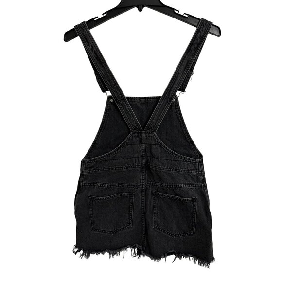Free People Womens Black Denim Distressed Overall Mini Dress SZ W6 Boho Grunge - Picture 2 of 7